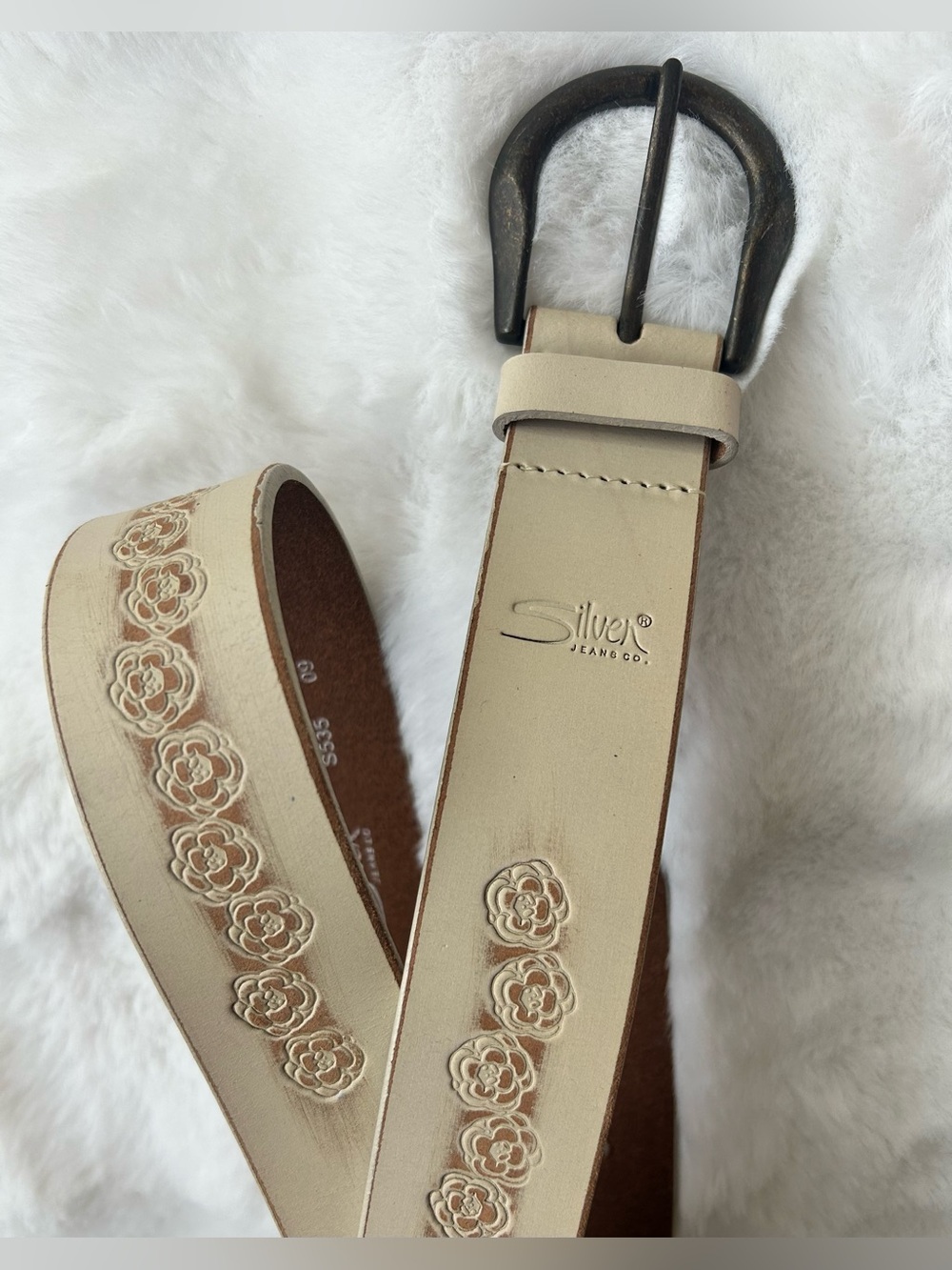 Silver Jeans Cream Floral Embossed Leather Belt with Dark Metal Buckle